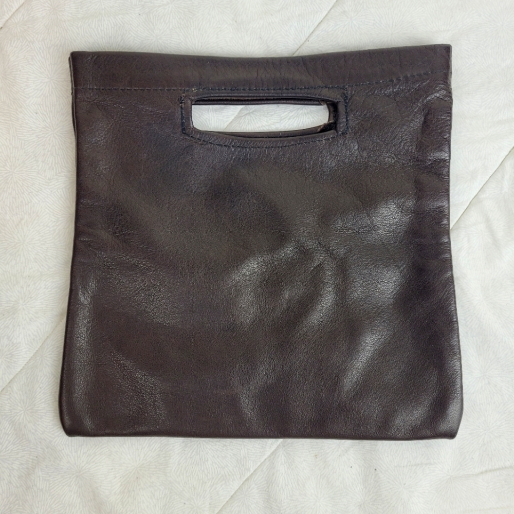Hand Crafted Small Espresso Brown Leather Clutch Bag 9 x 9 inch Cut Out Handles